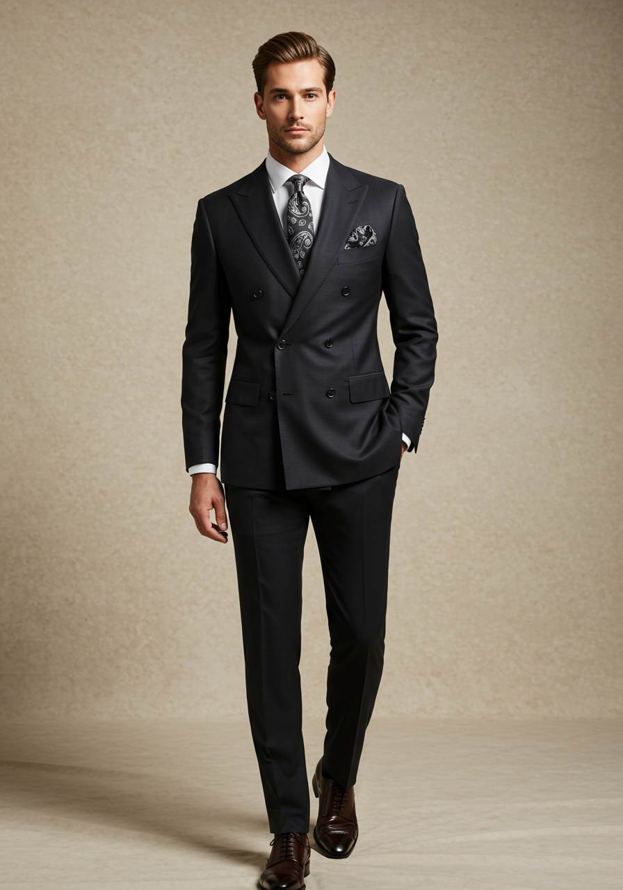 Men's Black Double-Breasted Slim Fit Suit