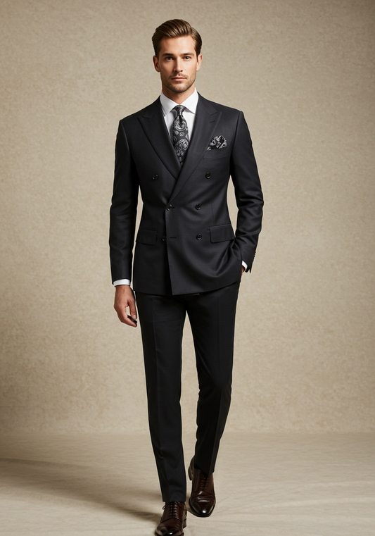 Men's Black Double-Breasted Slim Fit Suit