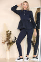 Long Ruched Sleeves Ribbed Peplum Diamond Buttons Frilled Hem Lounge Wear Co-Ord Set