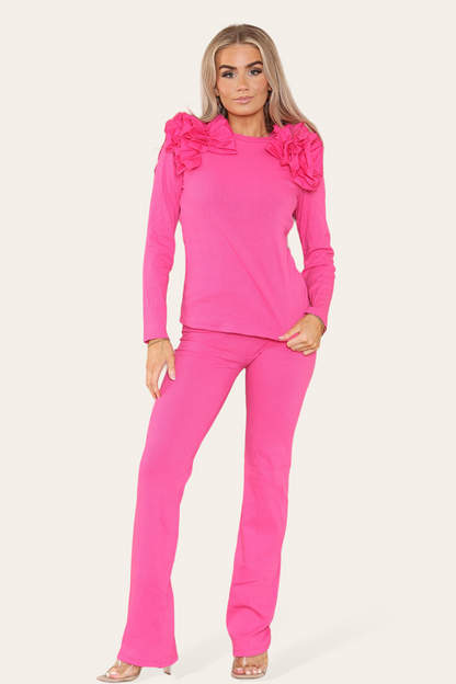 Ruffle Frill Shoulder Ribbed Loungewear Co-Ord Top & Trouser Set