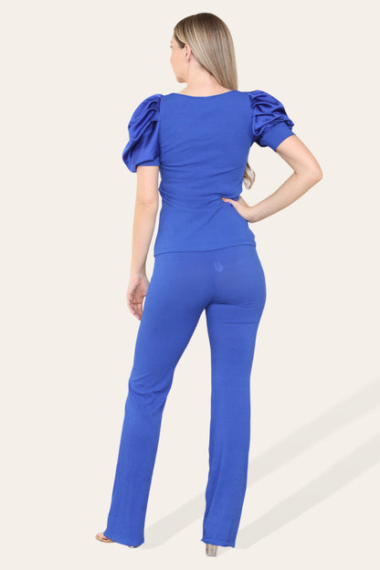 Silky Satin Puff Sleeves Ribbed Lounge Set
