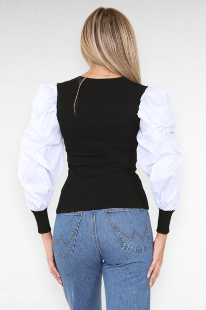 Oversized Puff Sleeves Ribbed Top
