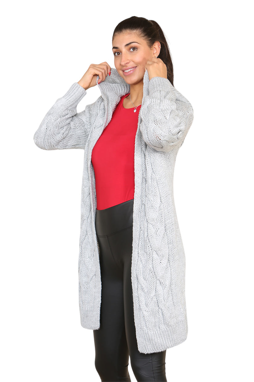 Knitted Cables Hooded Long Over Sized Cardigan