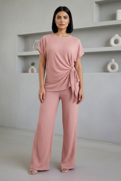 Ladies Womens Popcorn Short Sleeve Tie Side Knot Co-Ord 2Pcs Set