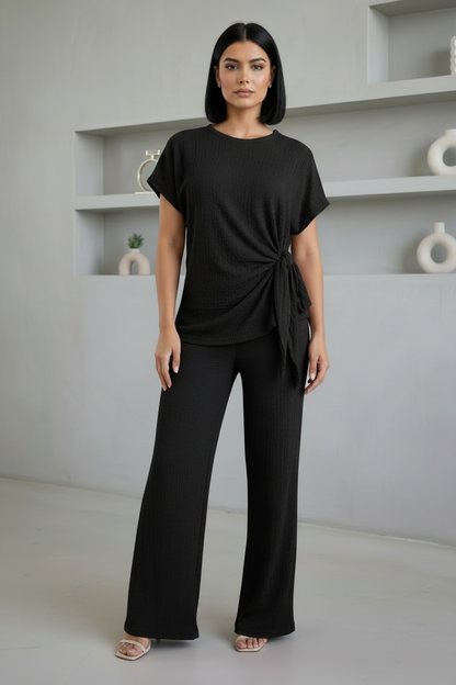 Ladies Womens Popcorn Short Sleeve Tie Side Knot Co-Ord 2Pcs Set