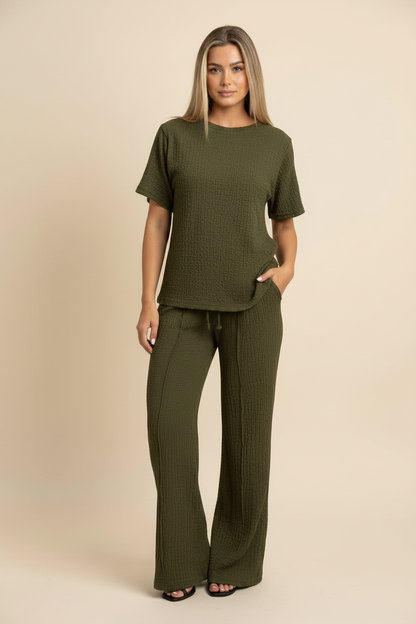 Womens Popcorn Side Ruched Gathered Side Top Ladies Wide Flare Leg Palazzo Tracksuit Lounge Wear Co Ord Set