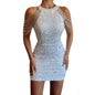 Sexy fashion halter off-the-shoulder fringe wrap hip crystal splicing sequin dress