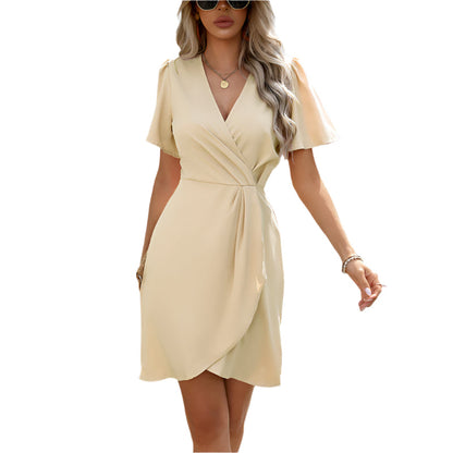 V-neck Short-sleeved Dress Summer Fashion Slim A-line Dresses Beach Clothing For Women