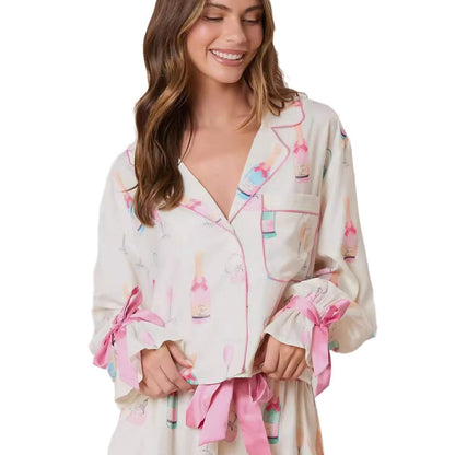 Christmas Bow Long Sleeve Pajamas Shorts Suit