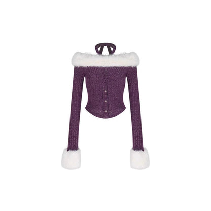 Women's Purple Fur Halter Off-shoulder Sweater