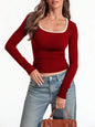 Square Collar Pullover Multicolor Solid Color Slim Fit Long Sleeves Top