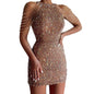 Sexy fashion halter off-the-shoulder fringe wrap hip crystal splicing sequin dress
