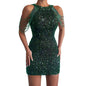 Sexy fashion halter off-the-shoulder fringe wrap hip crystal splicing sequin dress