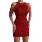 Sexy fashion halter off-the-shoulder fringe wrap hip crystal splicing sequin dress