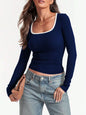 Square Collar Pullover Multicolor Solid Color Slim Fit Long Sleeves Top