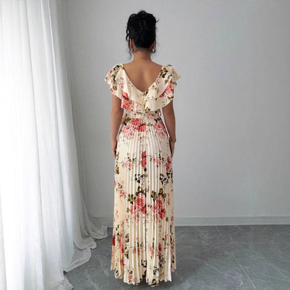 V-neck Digital Floral Print Ruffles Dress
