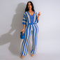 Women's Sexy V-neck Hollow Striped Lapel Knitted Width Blouse And Pants