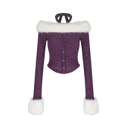 Women's Purple Fur Halter Off-shoulder Sweater