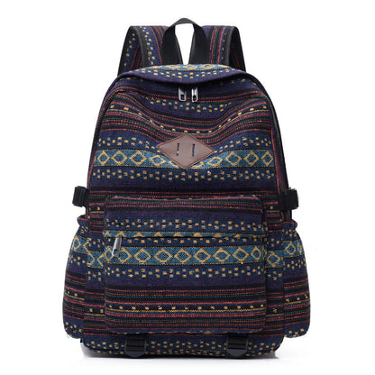 Ethnic style backpack leisure plaid canvas bag leisure large capacity student women backpack leisure travel trendy bag