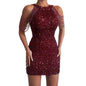 Sexy fashion halter off-the-shoulder fringe wrap hip crystal splicing sequin dress