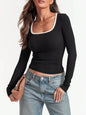 Square Collar Pullover Multicolor Solid Color Slim Fit Long Sleeves Top
