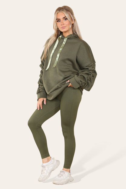 Plus Size Ruched Sleeves Hoodie With Satin Ribbon