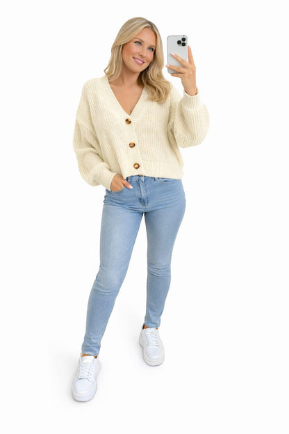 Chunky Knit Cardigan Balloon Sleeve Cropped 3 Button Jumper Soft Cozy Top