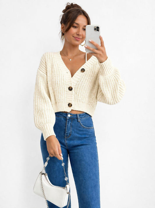 Chunky Knit Cardigan Balloon Sleeve Cropped 3 Button Jumper Soft Cozy Top