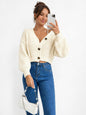 Chunky Knit Cardigan Balloon Sleeve Cropped 3 Button Jumper Soft Cozy Top