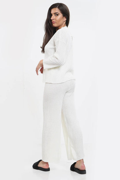 Womens Ladies Knitted Ribbed Round Neck 2 Pcs Loungewear Tracksuit Set