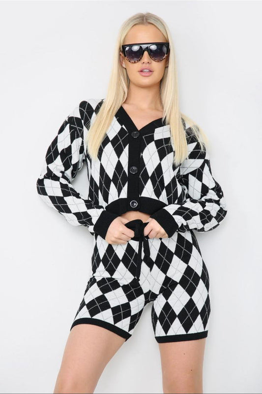 Monochrome Check Cropped Knitted Cardigan with Short
