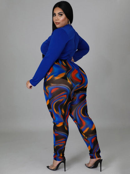 Plus Size Solid Crop Top And Print Pants Set