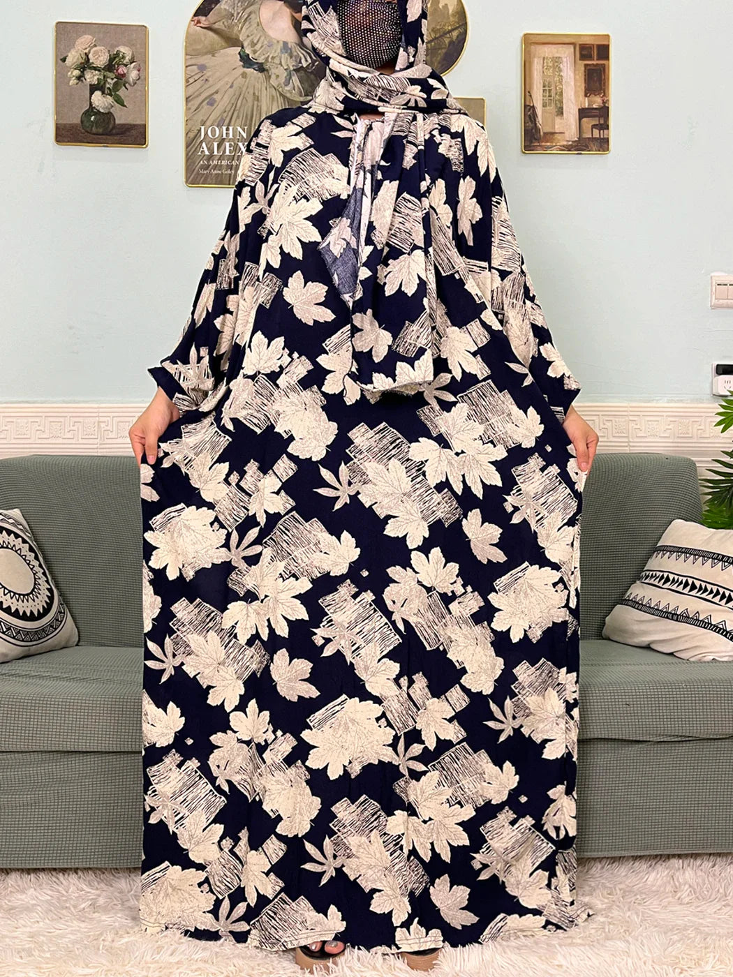 Women's Traditional Floral Ramadan Muslim Cotton Abayas Garment with attached Headscarf