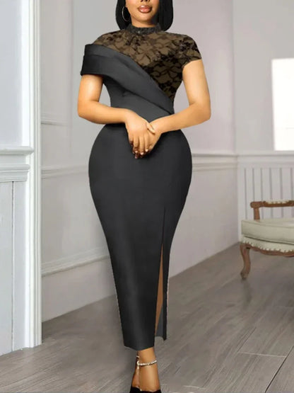 Black Long Prom Dresses High Neck Lace Patchwork Bodycon Women Evening Cocktail