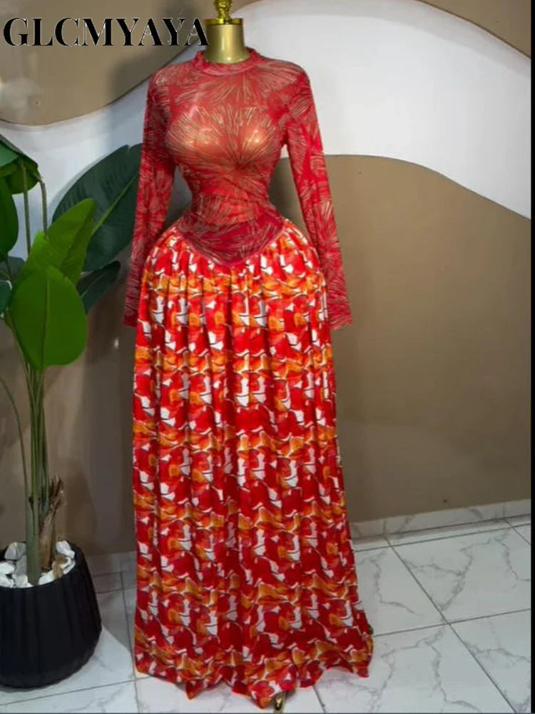 Women leaf Print patchwork smock Midi A-line Long Maxi Elegant Evening Dresses
