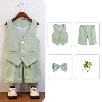 Children Green White Baptism Photography Suit Kids Vest Shirt Shorts Bowtie