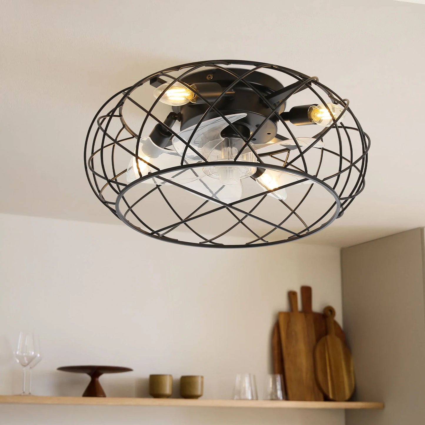 KOMORE Black Cage Ceiling Fan Light with Remote 5 Blades DC Motor for Office, Living Room, Bedroom