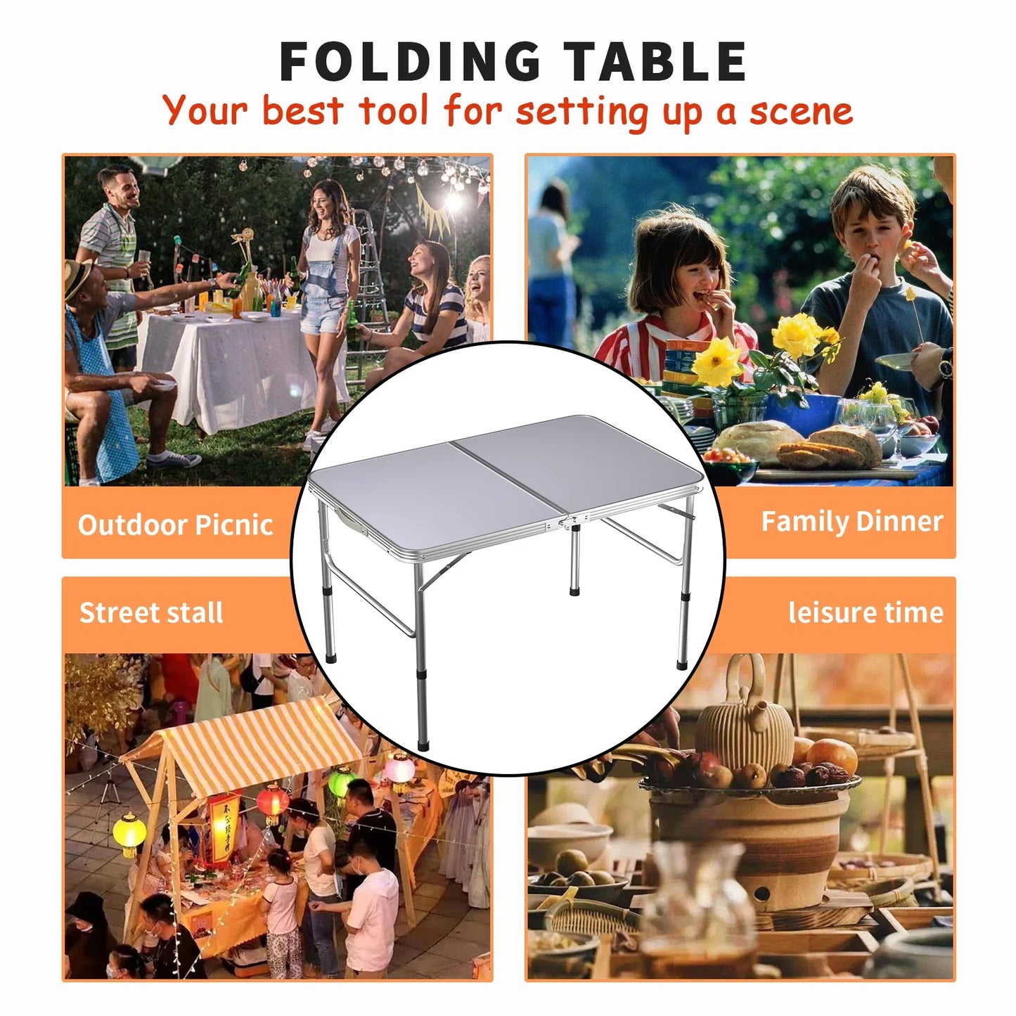 Picnic Folding Table Aluminium Foldable Adjustable Portable White Camping Table with Carrying Handle 90x60x37/67cm