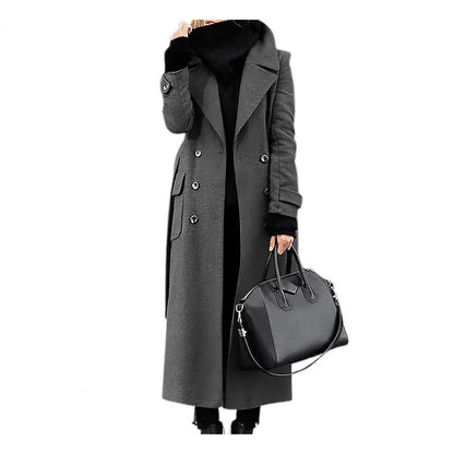 Women's Woollen Double-breasted Mid-calf Long Sleeves Jacket