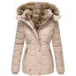 Winter Warm Wool Collar Cotton Coat Womens Zipper Long Sleeve Slim Fit Hooded