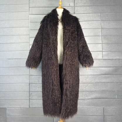 Faux Fur Jacket Women Long Coat Thick Fluffy Winter Warm Shaggy Overcoat Open Stitch Outerwear Turn Down Collar High Street
