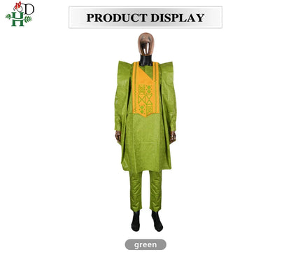 H&D African Clothing For Man Traditional Agbada Sets 3PCS Green Bazin Riche Shirt Pant Embroidery Wedding Party Suits Plus Size