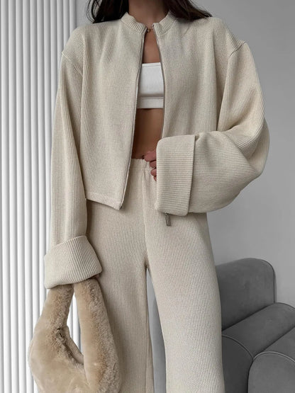 Women's Zip up Jacket And Wide Leg Pants Set Soft Knit Loose Long Sleeve Autumn Winter Casual Sweater Outfit