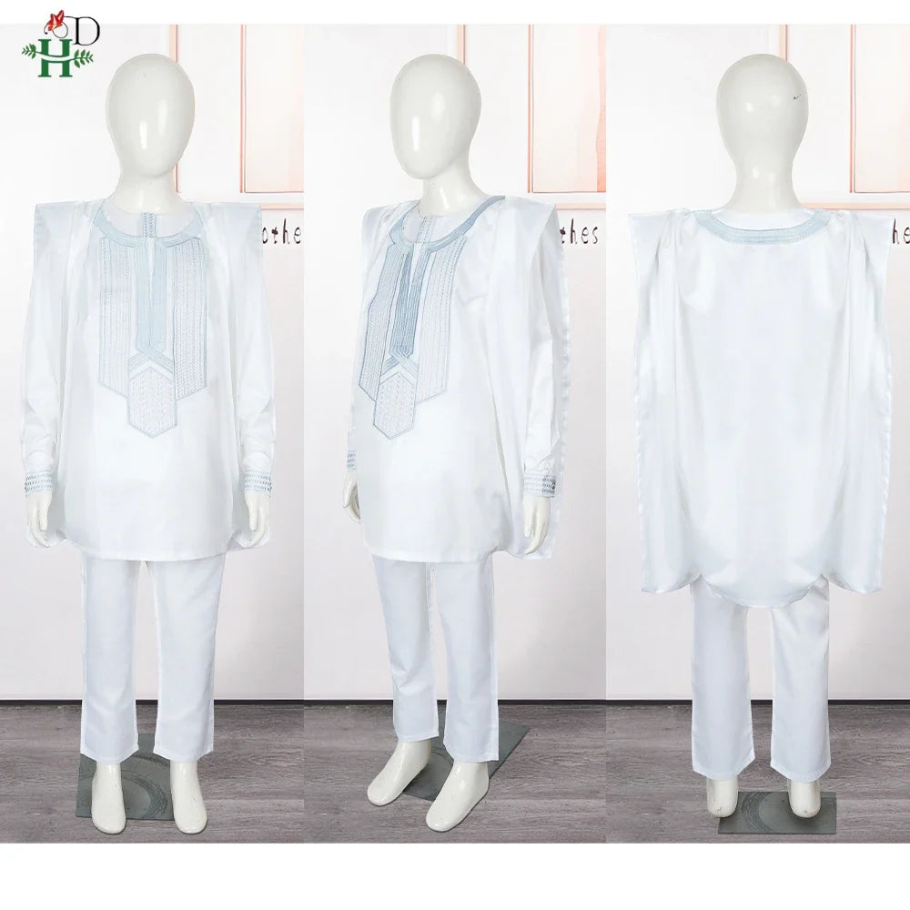 Boys White Blue Long Sleeve Tops Embroidery Dashiki Robe Shirt And Pant Set 3 PCS