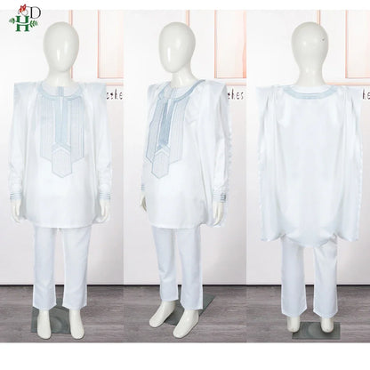 Boys White Blue Long Sleeve Tops Embroidery Dashiki Robe Shirt And Pant Set 3 PCS
