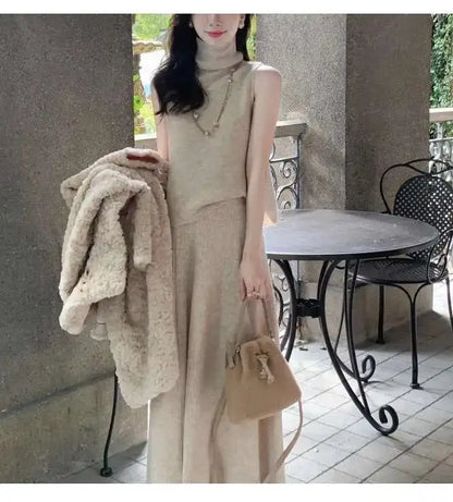 Elegant Knitted 3 Piece Set Women Long Cardigan Coat Sleeveless Vest High Waist A-line Long Skirt