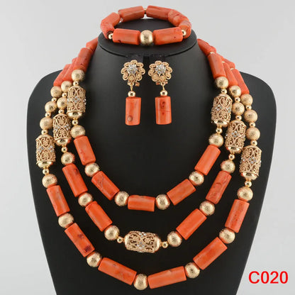 Latest Coral Jewelry Sets Nigerian Dubai Orange Necklace Sets of Beads African