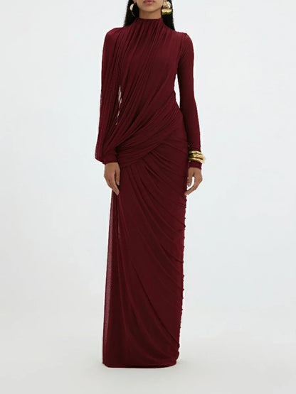 Women's Elegant Vintage Spliced Ribbon Turtleneck Long Sleeve Evening Maxi Dress