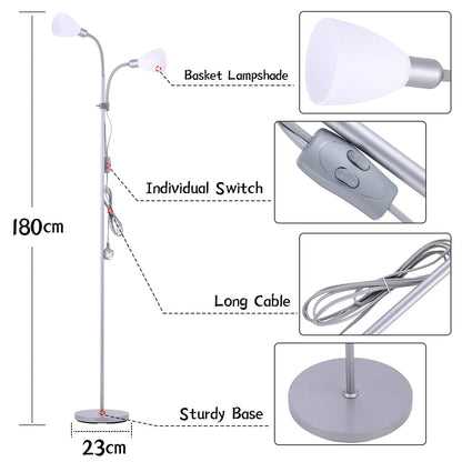 KOMORE Modern 2 Head Standing Floor Lamp Adjustable Lamp Heads 180cm Bronze&Grey  for Living Room, Office, Bedroom, Hallway
