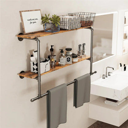 Heavy Duty Pipe Clothing Rack, Wall Mounted Garment Display Rack, 2Tiers Open Shelves, Large Closet